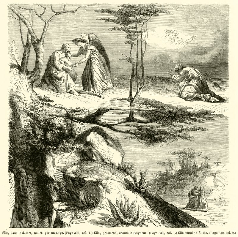 Elías, en el desierto, alimentado por un ángel, Elías postrado escucha al Señor, Elías lleva a Eliseo de French School