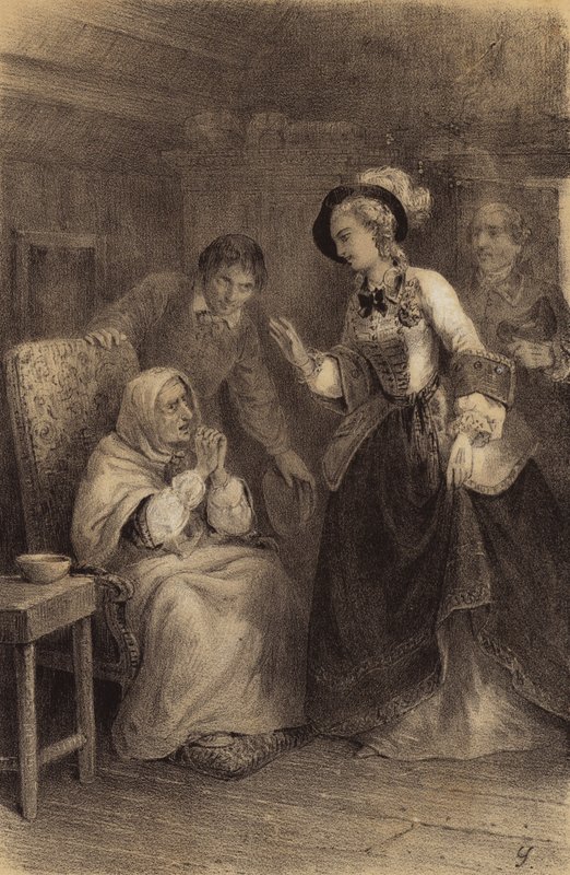 La emperatriz María Teresa de Austria visitando a una mujer pobre confinada en su casa (lito) de French School