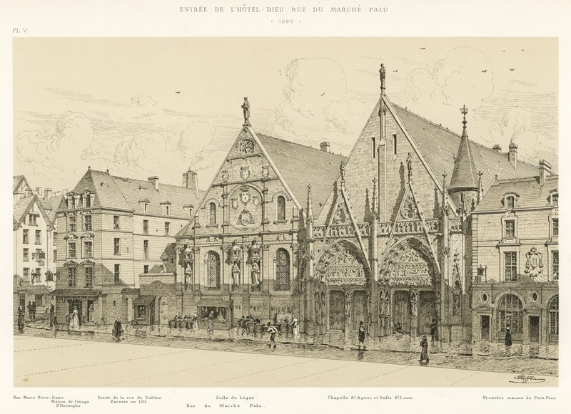 Entrada del Hotel-Dieu en la calle del Mercado Palu, 1590 de French School