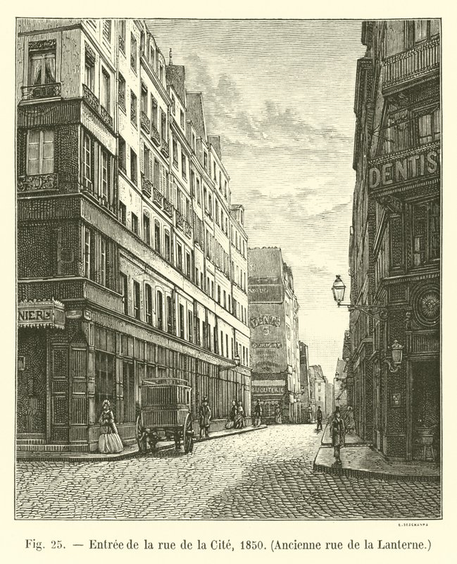 Entrada de la calle de la Cité, 1850, Antigua calle de la Lanterne de French School