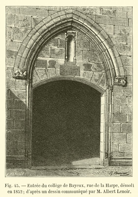 Entrada del colegio de Bayeux, rue de la Harpe, demolido en 1852; según un dibujo comunicado por M. Albert Lenoir de French School
