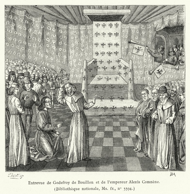 Entrevista de Godofredo de Bouillon y el emperador Alejo Comneno de French School
