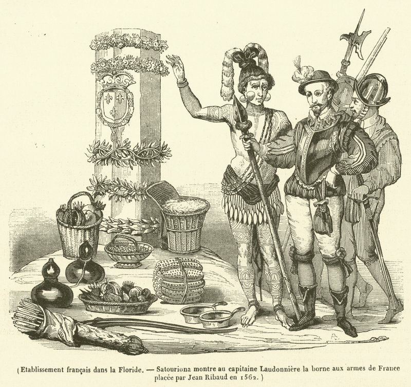 Establecimiento francés en Florida, Satouriona muestra al capitán Laudonniere el marcador con las armas de Francia colocado por Jean Ribault en 1562 de French School