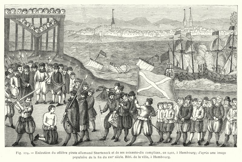 Ejecución del célebre pirata alemán Stoerteneck y sus setenta cómplices, en 1402, en Hamburgo; según una imagen popular de finales del siglo XVI, Biblioteca de la ciudad, en Hamburgo de French School