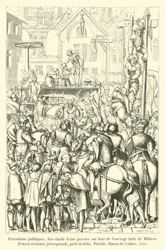 Ejecuciones públicas, facsímil de una xilografía de la obra latina de Millaeus, Praxis criminis persequendi, pequeño infolio, París, Simon de Colines, 1541 de French School