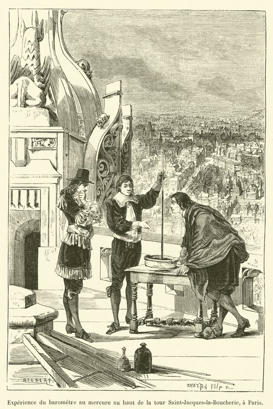 Experimento del barómetro de mercurio en lo alto de la torre Saint-Jacques-la-Boucherie, en París de French School