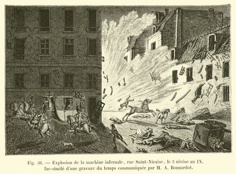 Explosión de la máquina infernal, calle Saint-Nicaise, el 3 nivose año IX, facsímil de un grabado de la época comunicado por M A Bonnardot de French School