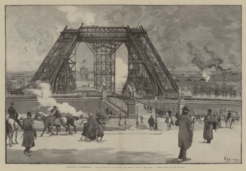 Exposición Universal, estado actual de la Torre Eiffel, vista tomada desde el parque del Trocadero (grabado) de French School