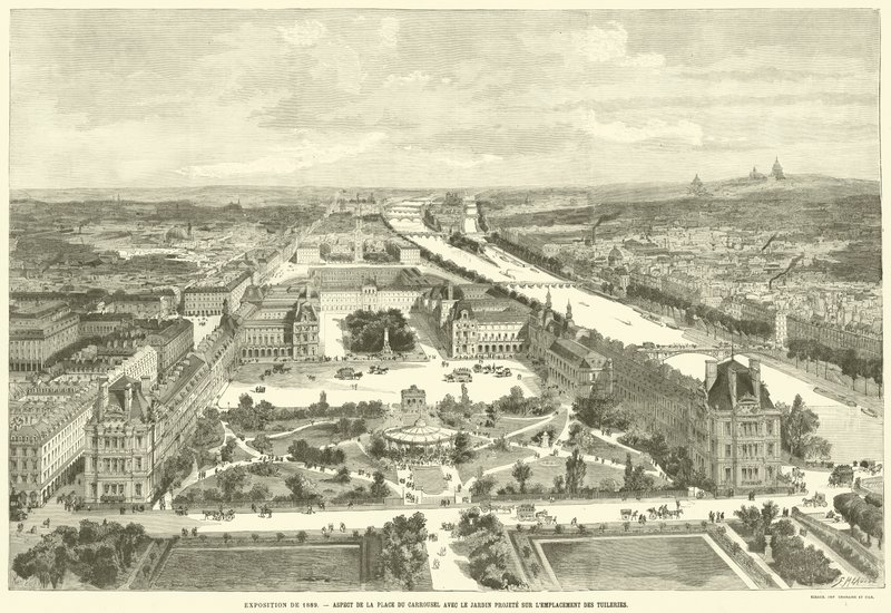 Exposición de 1889, Aspecto de la Plaza del Carrusel con el Jardín Proyectado en el Lugar de las Tullerías (grabado) de French School