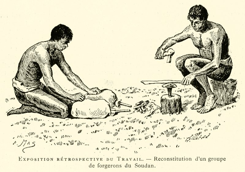 Exposición retrospectiva del Trabajo, reconstrucción de un grupo de herreros del Sudán de French School
