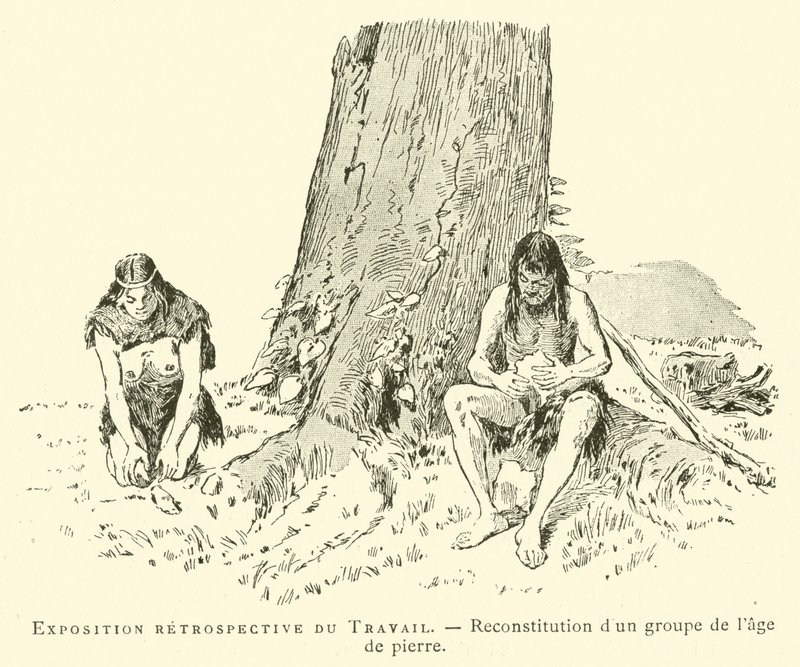 Exposición retrospectiva del Trabajo, reconstrucción de un grupo de la edad de piedra de French School