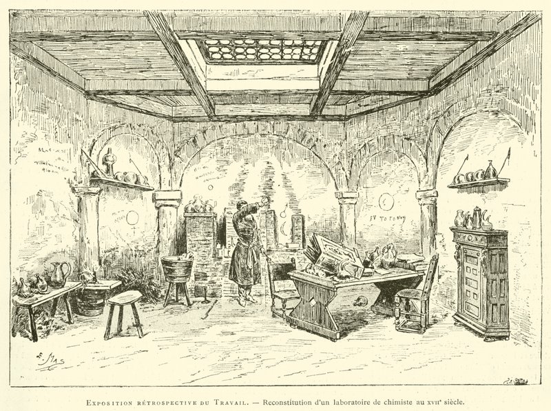 Exposición retrospectiva del Trabajo, reconstrucción de un laboratorio de químico en el siglo XVII (grabado) de French School