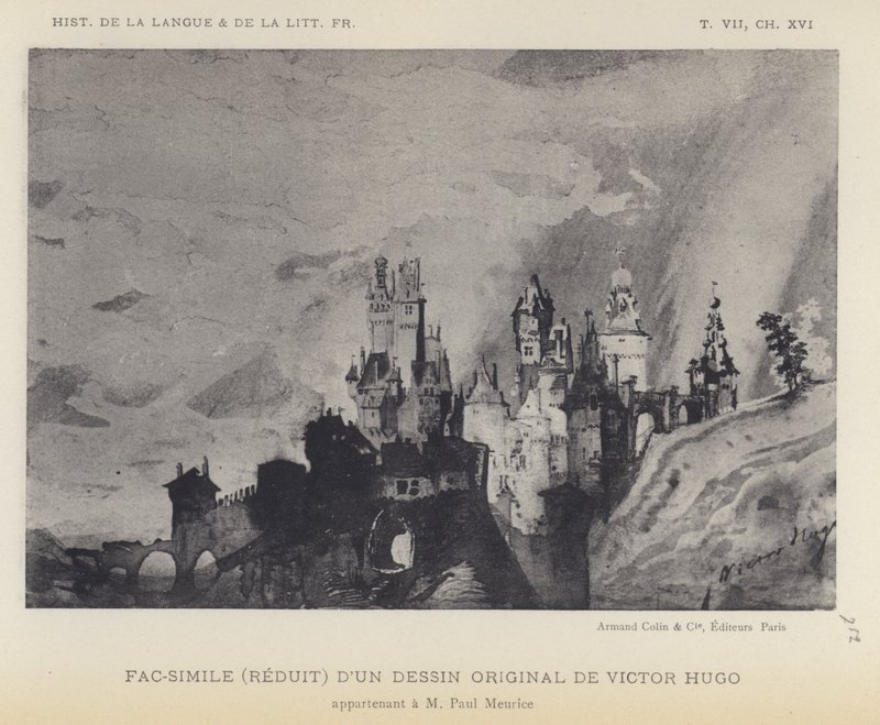 Facsímil (reducido) de un dibujo original de Victor Hugo (litografía) de French School