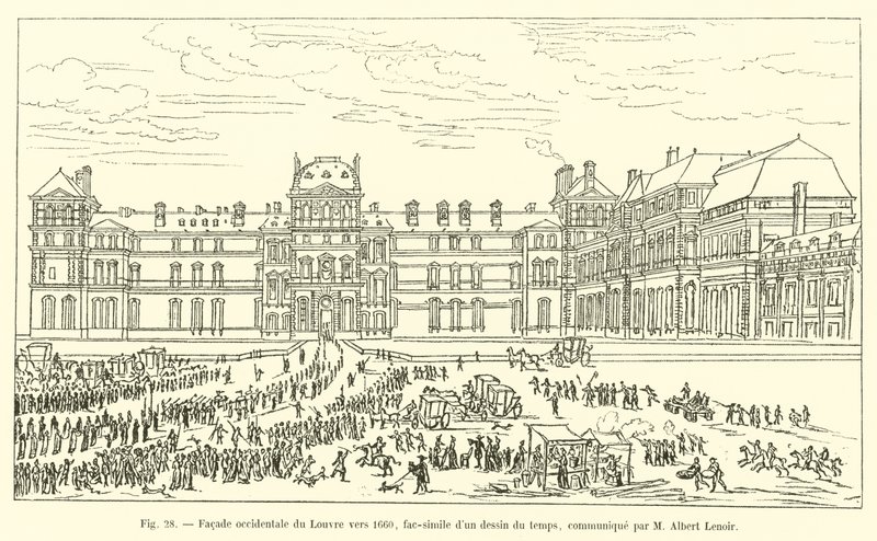 Fachada occidental del Louvre hacia 1660, facsímil de un dibujo de la época, comunicado por M Albert Lenoir de French School