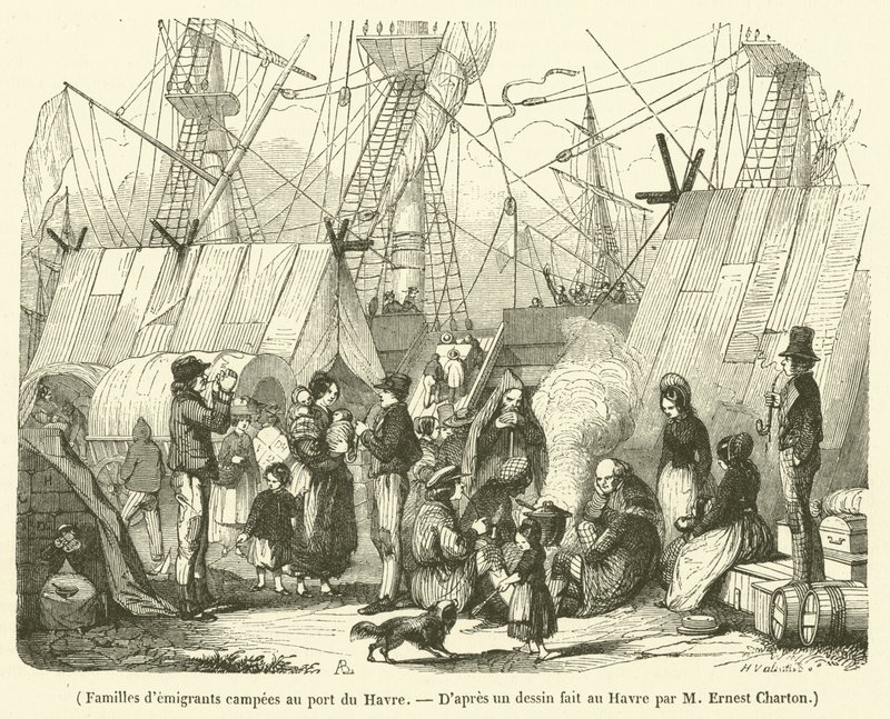 Familias de emigrantes acampadas en el puerto de Le Havre (grabado) de French School