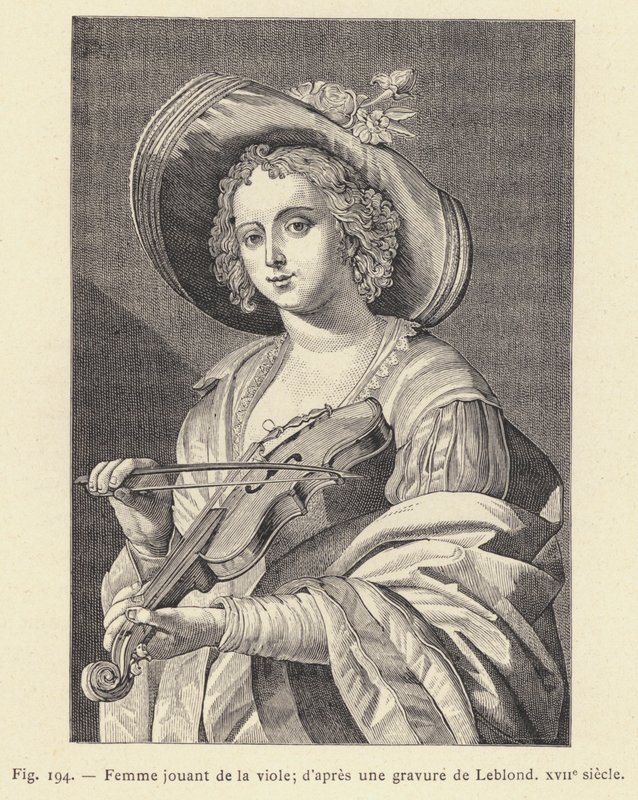 Mujer tocando la viola, según un grabado de Leblond, siglo XVII de French School