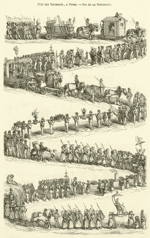 Fete des Vignerons, en Vevey, final de la procesión (grabado) de French School