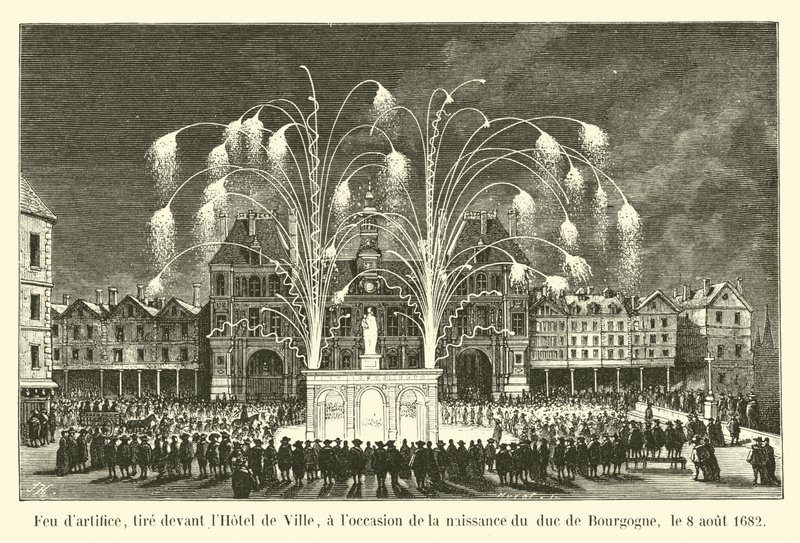 Fuegos artificiales, disparados frente al Hôtel de Ville, con motivo del nacimiento del duque de Borgoña, el 8 de agosto de 1682 de French School