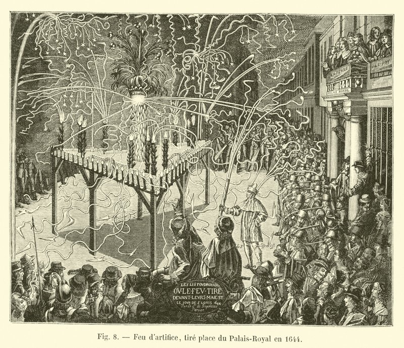 Fuegos artificiales, lanzados en la plaza del Palais-Royal en 1644 de French School