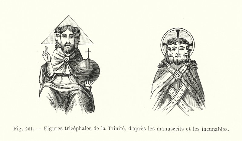 Figuras tricefálicas de la Trinidad, según los manuscritos y los incunables de French School