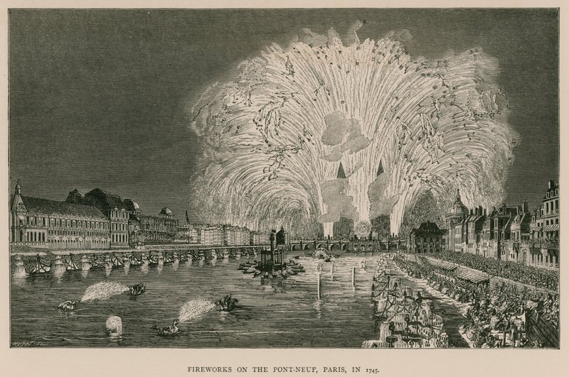 Fuegos artificiales en el Pont-Neuf, París, en 1745 de French School