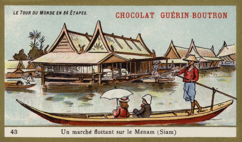 Mercado flotante en el río Menam, Siam de French School