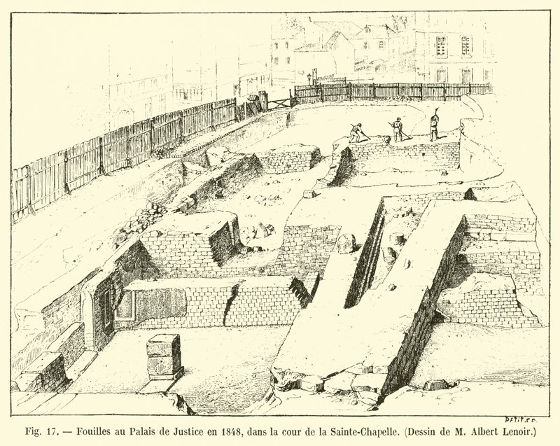 Excavaciones en el Palacio de Justicia en 1848, en el patio de la Sainte-Chapelle, dibujo de M Albert Lenoir de French School