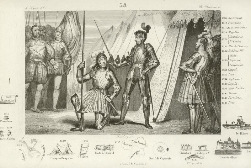 Francisco I de Francia solicitando ser armado caballero por el Caballero Bayard tras la victoria en la Batalla de Marignano, Italia, 1515 de French School