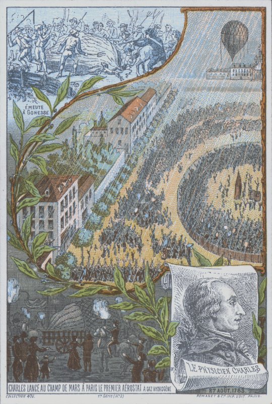 El aeronauta francés Jacques Charles lanzando el primer globo de hidrógeno desde el Campo de Marte, París, 27 de agosto de French School