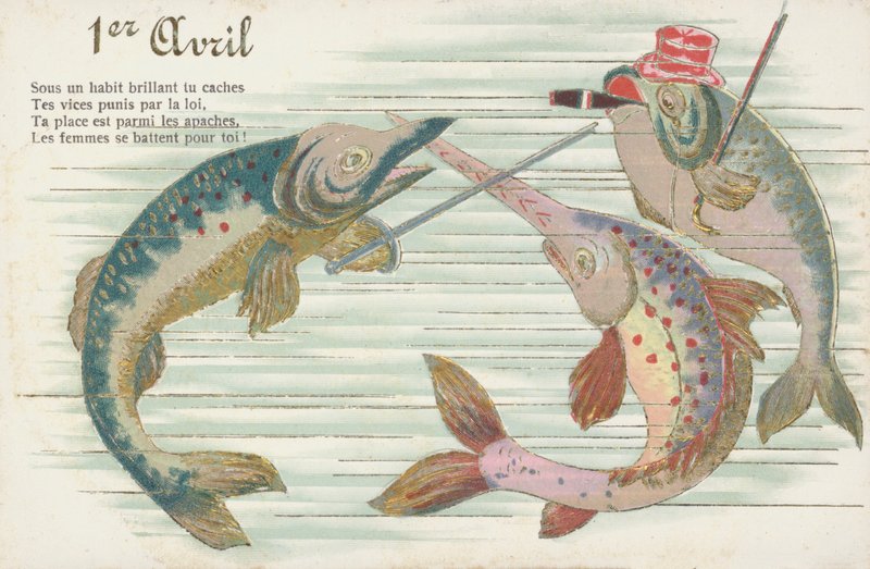 Tarjeta francesa con un pez para celebrar el Día de los Inocentes (Poisson d