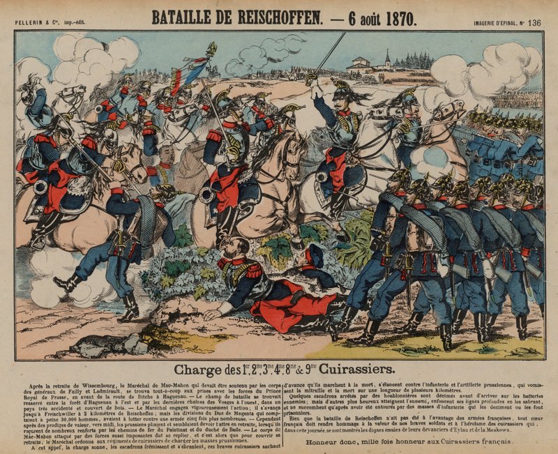 Coraceros franceses cargando contra la infantería prusiana en la Batalla de Reichshoffen, Guerra Franco-Prusiana, 6 de agosto de 1870 de French School