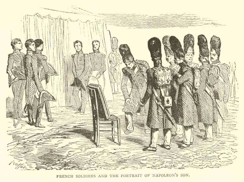 Soldados franceses y el retrato del hijo de Napoleón de French School