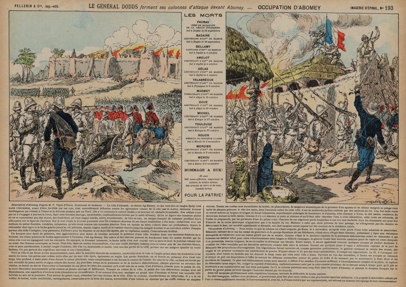 Tropas francesas comandadas por el General Alfred-Amedee Dodds atacando Abomey, Dahomey, Segunda Guerra Franco-Dahomeana de French School