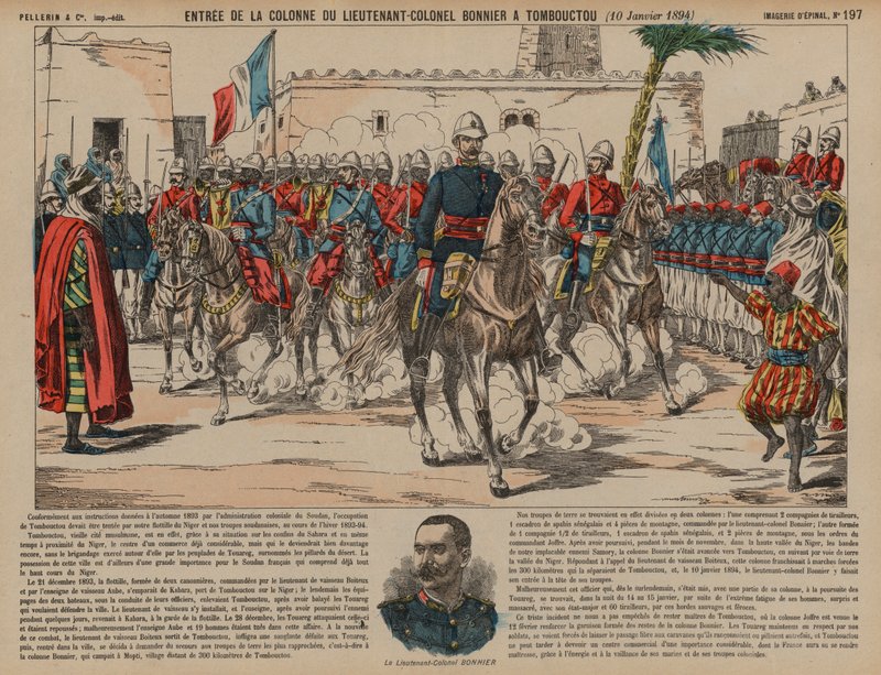 Tropas francesas comandadas por el Teniente Coronel Eugene Bonnier entrando en Tombuctú de French School