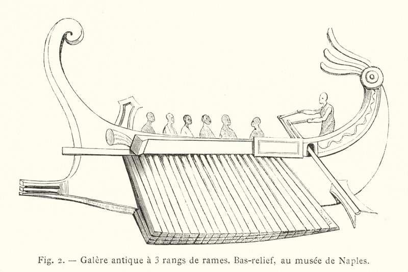 Galera antigua a 3 filas de remos, bajorrelieve, en el museo de Nápoles de French School