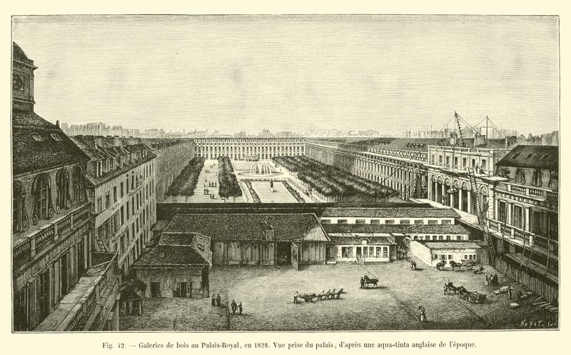 Galerías de madera en el Palais-Royal, en 1828, vista desde el palacio de French School