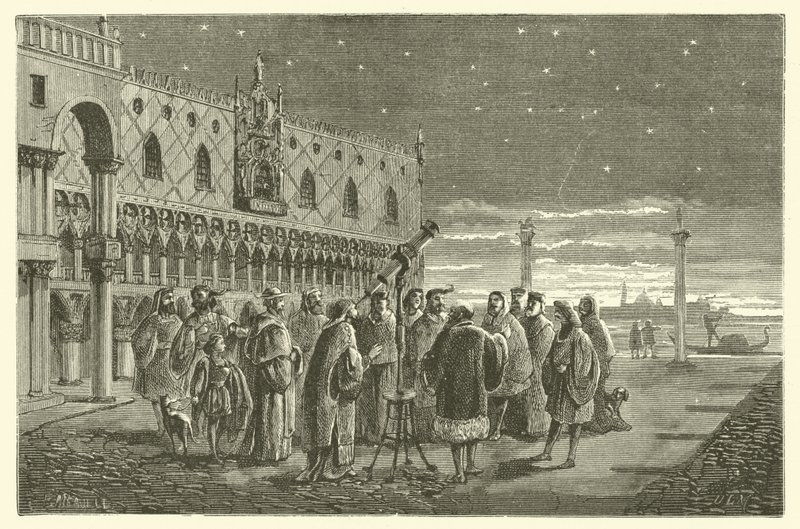Galileo muestra los satélites de Júpiter a los senadores de Venecia (grabado) de French School