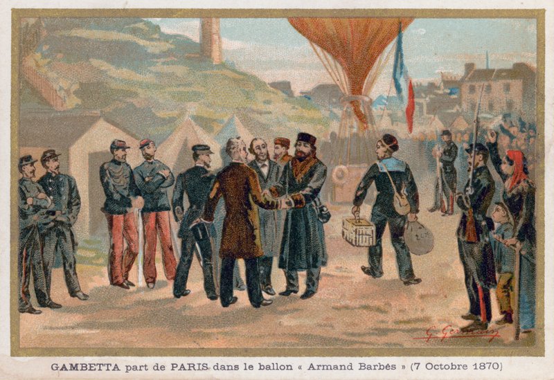 Gambetta deja París en el globo aerostático Armand-Barbes de French School
