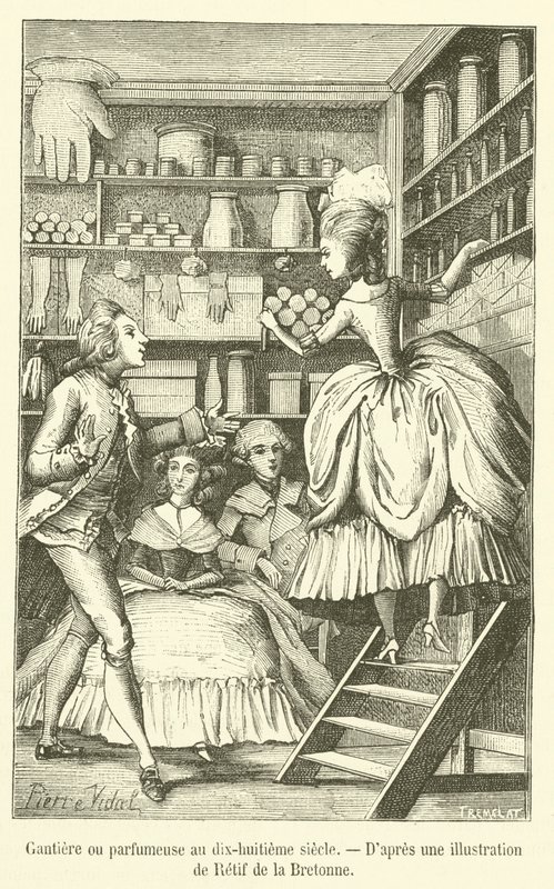 Guantiera o perfumista en el siglo XVIII (grabado) de French School