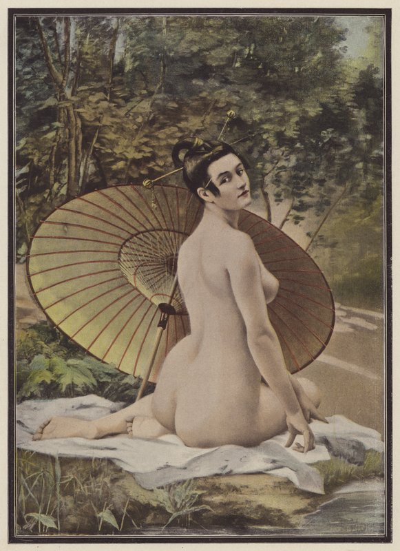 Geisha bañándose (litografia en color) de French School