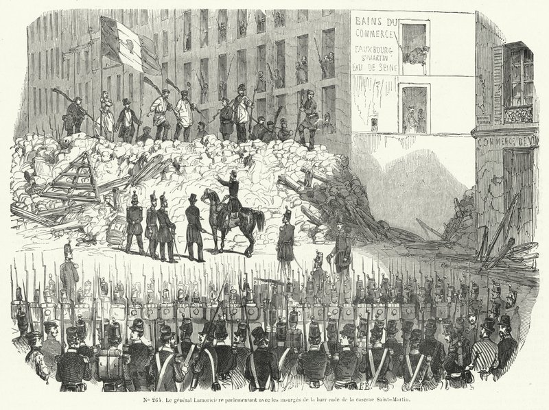 General Lamoriciere negociando con trabajadores armados defendiendo su barricada fuera del cuartel de Saint Martin, París, 23 de junio de 1848 de French School