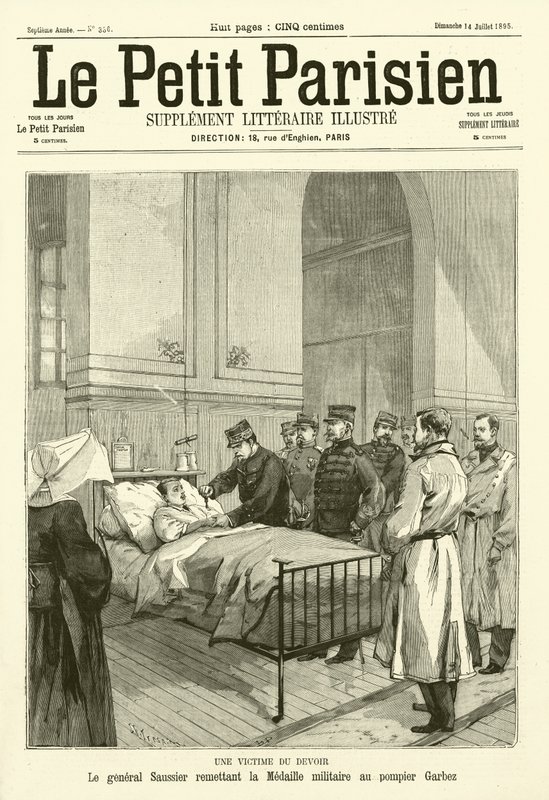 El General Saussier otorgando la Medalla Militar Francesa a un bombero llamado Garbez, herido en el cumplimiento del deber de French School