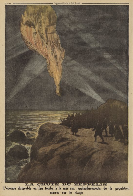 Zeppelin alemán derribado en llamas por fuego antiaéreo y estrellado contra el mar, Primera Guerra Mundial de French School