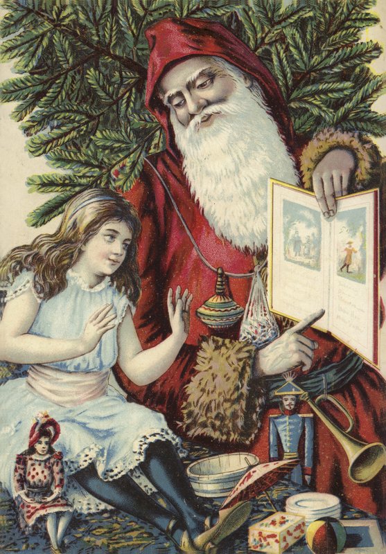 Niña siendo mostrada un libro ilustrado por Papá Noel de French School