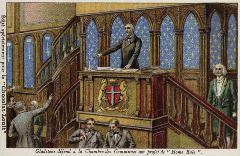Gladstone defendiendo su política de Autonomía Irlandesa en la Cámara de los Comunes de French School