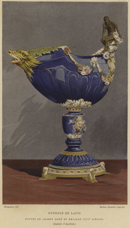 Copa de lapislázuli en forma de góndola montada en plata dorada y esmaltada, siglo XVI de French School