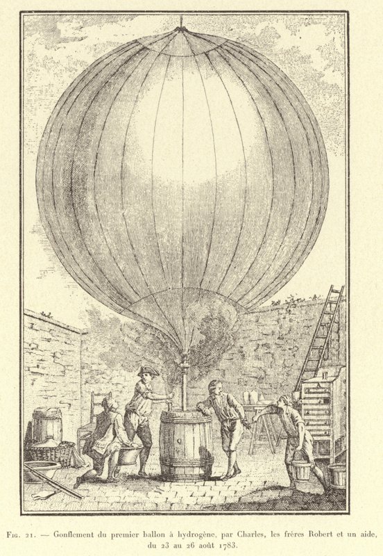 Inflado del primer globo de hidrógeno, por Charles, los hermanos Robert y un ayudante, del 23 al 26 de agosto de 1783 de French School