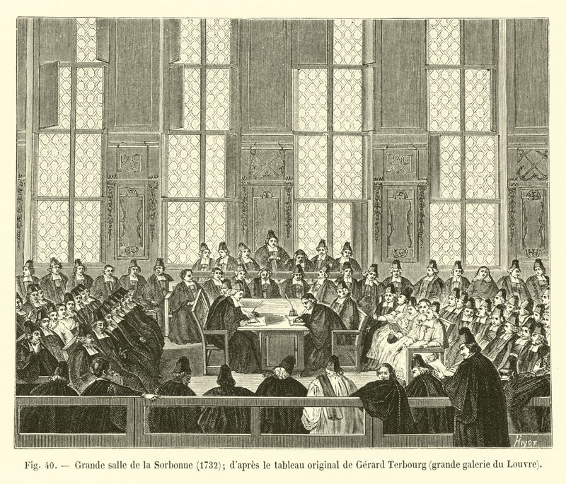 Gran sala de la Sorbonne, 1732; según el cuadro original de Gerard Terbourg, gran galería del Louvre de French School