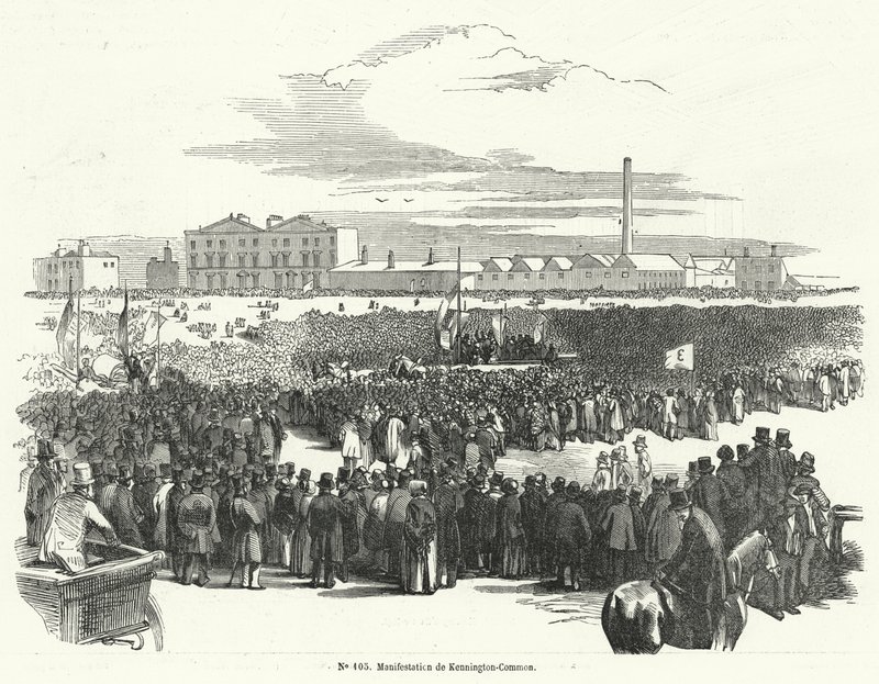 Gran reunión de los cartistas en Kennington Common, Londres de French School