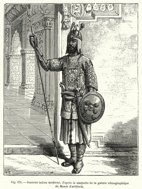 Guerrero indio moderno, según el modelo de la galería etnográfica del Museo de Artillería (grabado) de French School